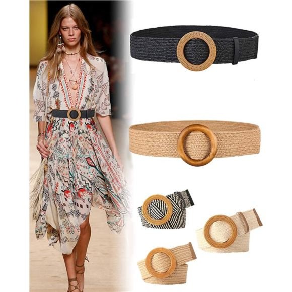 Women Woven Rattan Wide Stretch Straw Belt main image 4